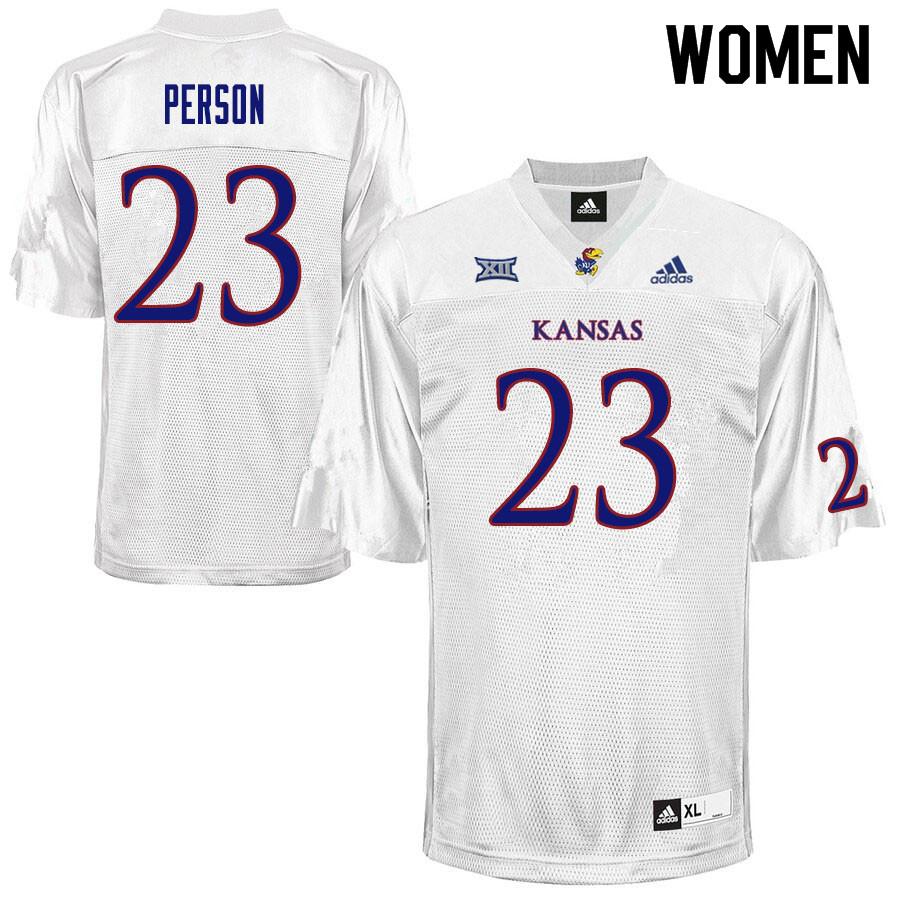 Women #23 Alonso Person Kansas Jayhawks College Football Jerseys Sale-White - Click Image to Close